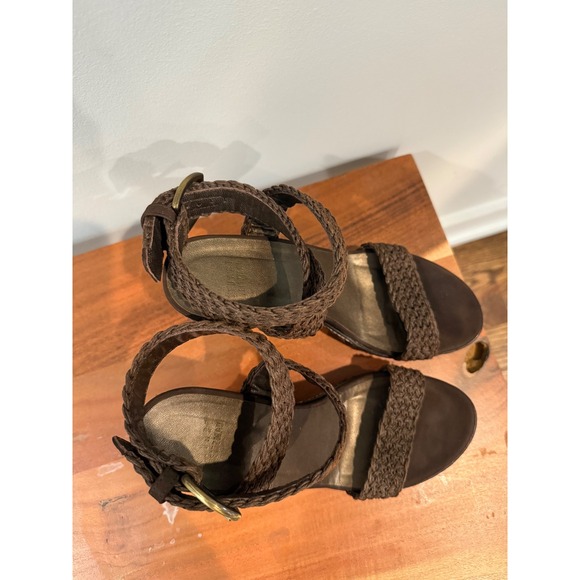 Stuart Weitzman Brown Woven Wedge Sandals with Ankle Strap and Gold Buckle -8.5‎ - Picture 2 of 9
